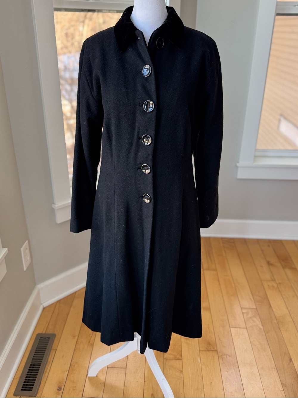 Vintage Josephine Anderson Black Wool Velvet Fitted Dress Coat Size XS Small